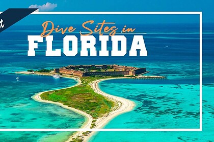 Aerial of a historic island fort ringed by turquoise Florida water under text reading The Best Dive Sites in Florida