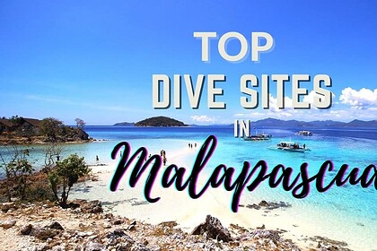 Turquoise shallows and a sandy island beach with outrigger boats under text reading Top Dive Sites in Malapascua