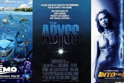 Three diving film posters side by side, Finding Nemo, The Abyss and Into the Blue