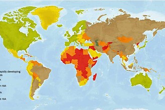 World map color coded by travel health risk, with much of Africa and parts of Asia marked extreme