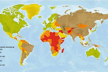 World map color coded by travel health risk, with much of Africa and parts of Asia marked extreme