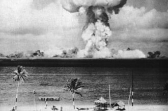 Black and white photo of the mushroom cloud from the 1946 Able nuclear test at Bikini Atoll
