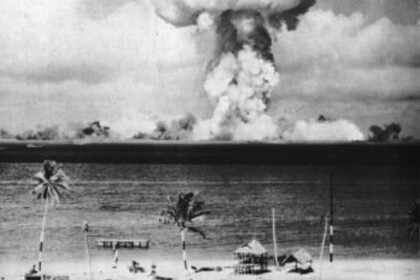 Black and white photo of the mushroom cloud from the 1946 Able nuclear test at Bikini Atoll