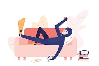 Illustrated diver in full gear relaxing on a couch during lockdown downtime