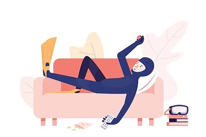 Illustrated diver in full gear relaxing on a couch during lockdown downtime