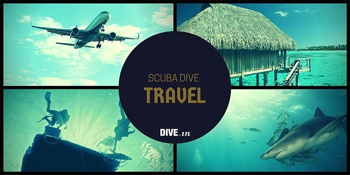 Collage of an airplane, an overwater bungalow, wreck divers and a shark under Scuba Dive Travel text