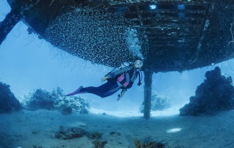Solo Diver Under Shipwreck Solo scuba diver ascending beneath a wreck's hull in the Red Sea, exhaled bubbles rising around them