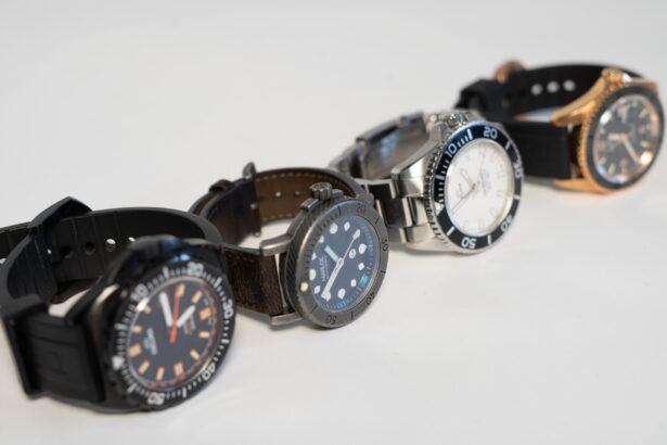Four dive watches lined up on a white background with rubber, leather, steel and bronze cases and straps