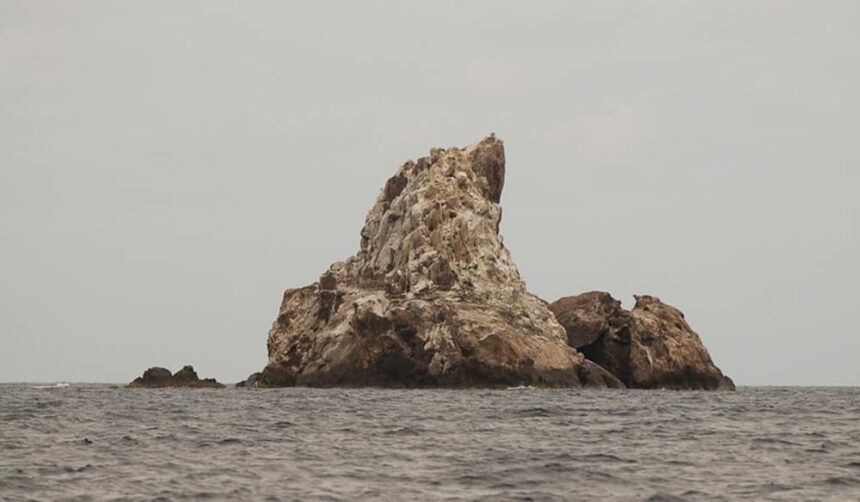 Bare rocky sea stack rising from grey open ocean under an overcast sky
