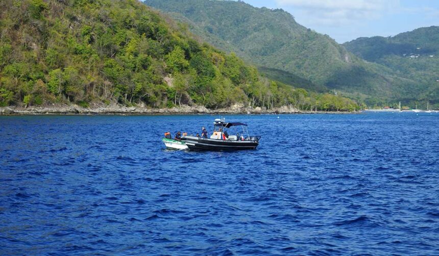 Dive boat anchored off the forested headland at Cape Salomon in Martinique