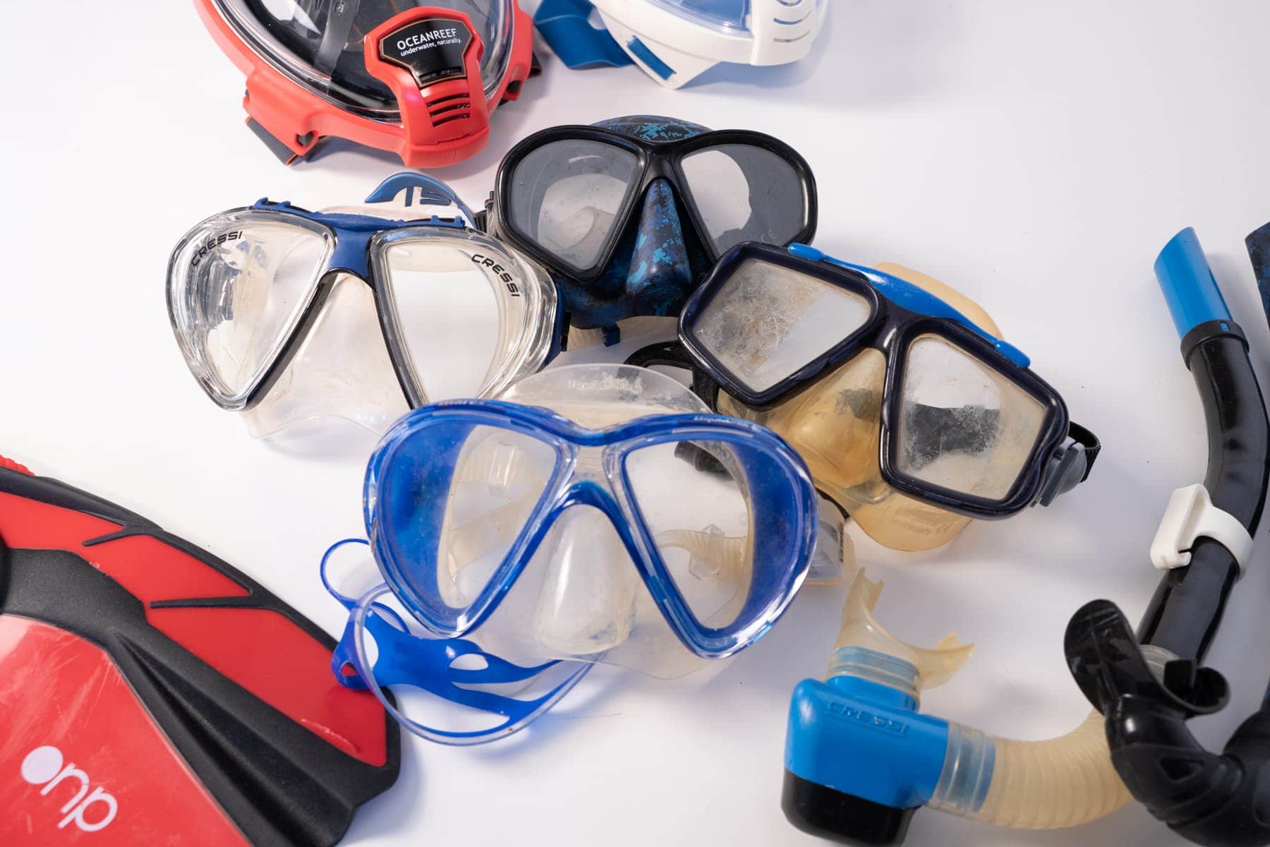 Snorkeling masks come in single or dual lens, with all dual lens masks shown here.