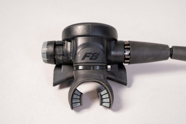 Side view of the Zeagle F8 second stage showing the F8 badge, grey adjustment knob and mouthpiece