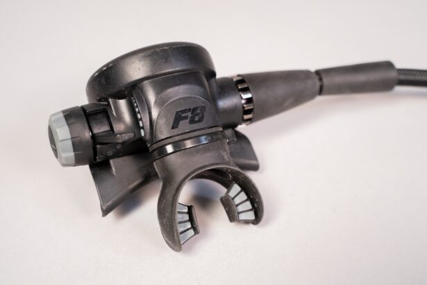 Zeagle F8 second stage and braided hose angled to show the knob, hose swivel and exhaust wings