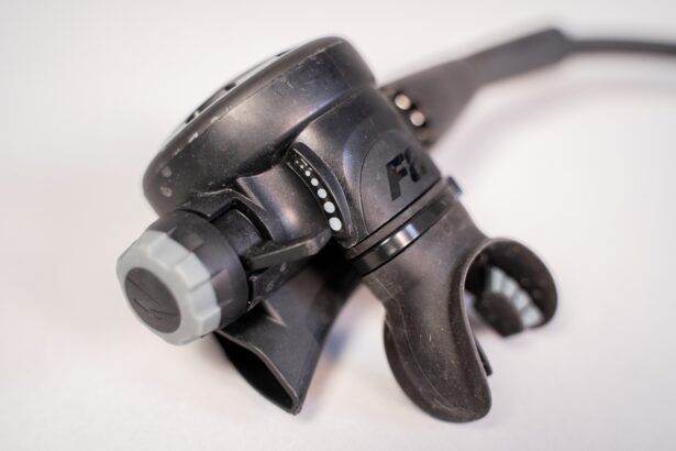 Front cover of the Zeagle F8 second stage with the grey adjustment knob turned toward the camera