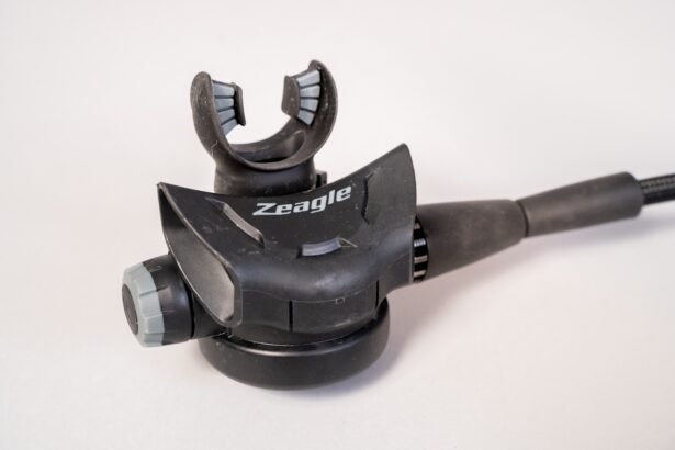 Zeagle F8 second stage from above with the Zeagle logo on the housing and mouthpiece facing up