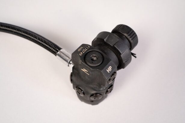Zeagle F8 first stage with its HP port marking, ringed port cluster and braided hose attached