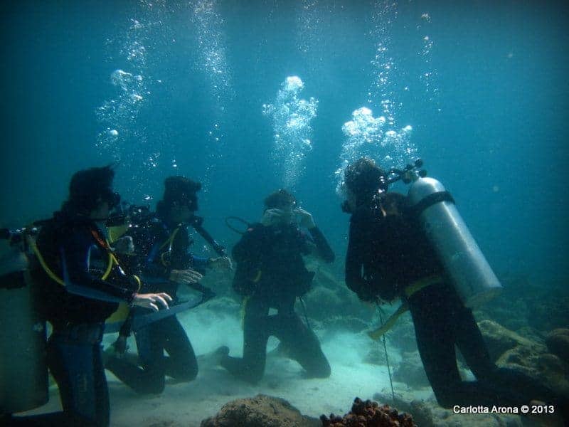 Four scuba divers kneel on a sandy seabed practising skills during divemaster training