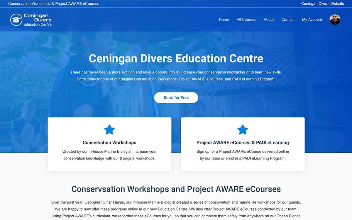 Screenshot of the Ceningan Divers Education Centre website offering online conservation courses
