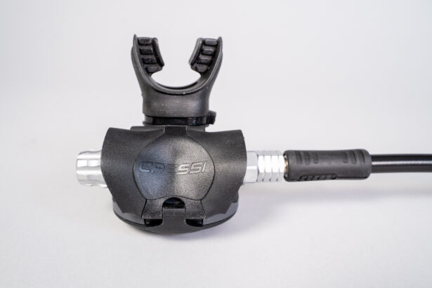 Front of the Cressi AC25 Master Cromo second stage with the mouthpiece and hose attached