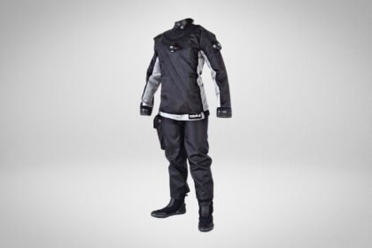 DUI Yukon II womens drysuit on an invisible mannequin with grey sleeve panels and attached boots