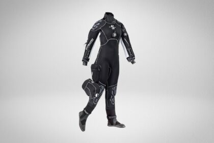ScubaPro womens ExoDry drysuit on an invisible mannequin with a thigh pocket and reinforced knees