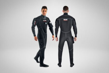 SEAC Warmdry 4mm neoprene drysuit shown front and back on a model with a cargo thigh pocket