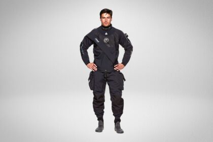 Man wearing the Waterproof D9X Breathable drysuit, front view with thigh pockets and neck seal