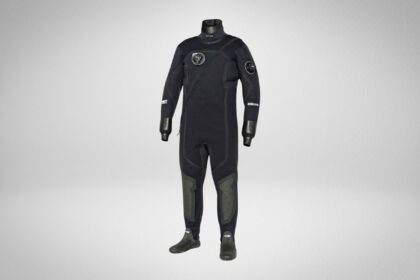 Bare XCS2 Tech black drysuit shown full length with attached boots and a high neoprene neck seal