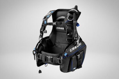 Cressi Aquapro BCD in black with blue trim, integrated weight pockets and multiple D-rings