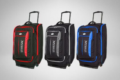 Stahlsac Caicos Cargo Pack wheeled dive bag shown in three colourways with red, grey and blue trim