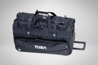 TUSA black roller dive duffel with compression straps, side pockets, wheels and a telescoping handle