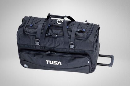TUSA black roller dive duffel with compression straps, side pockets, wheels and a telescoping handle