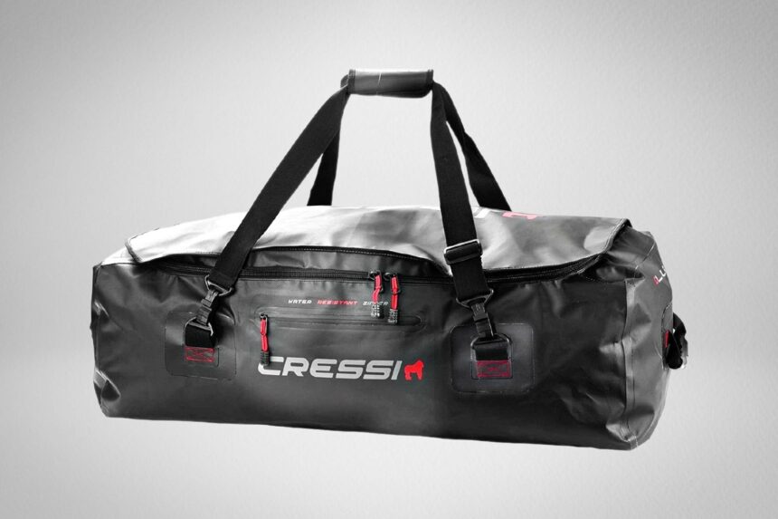Cressi Gorilla Pro XL dive duffel in black coated fabric with red zip pulls and adjustable straps