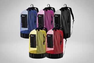 XS Scuba Seaside Deluxe mesh dive backpacks shown in five colours with drawstring tops and straps