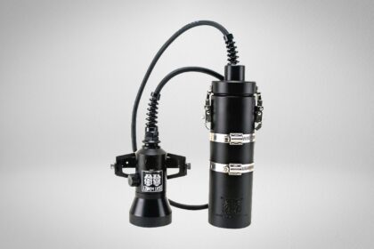 Light Monkey 50W HID canister dive light with a corded light head, handle mount and strapped battery canister