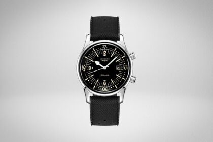 Longines Legend Diver with black dial, twin crowns and a black textured rubber strap