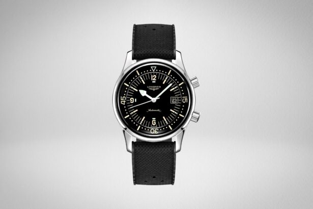 Longines Legend Diver with black dial, twin crowns and a black textured rubber strap