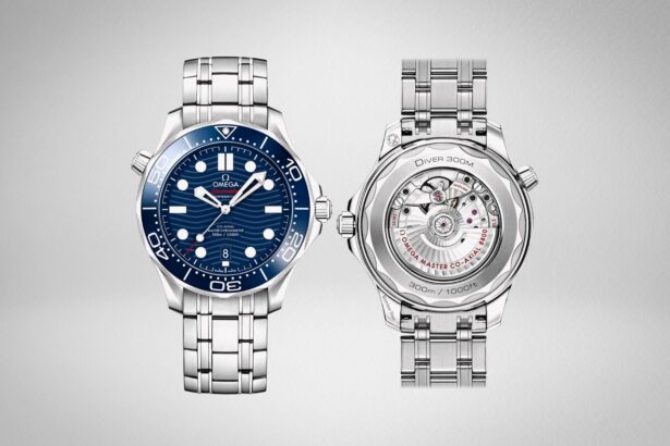 Omega Seamaster Diver 300M shown front and back, blue wave dial with the exposed Co-Axial movement