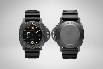 Panerai Luminor Submersible 1950 in Carbotech shown front and back on a black rubber strap
