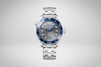 Omega Seamaster Diver 300M with grey wave dial, blue ceramic bezel and stainless steel bracelet