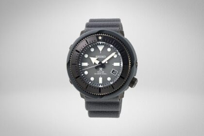 Seiko Prospex solar diver with grey dial, black bezel and a grey silicone strap