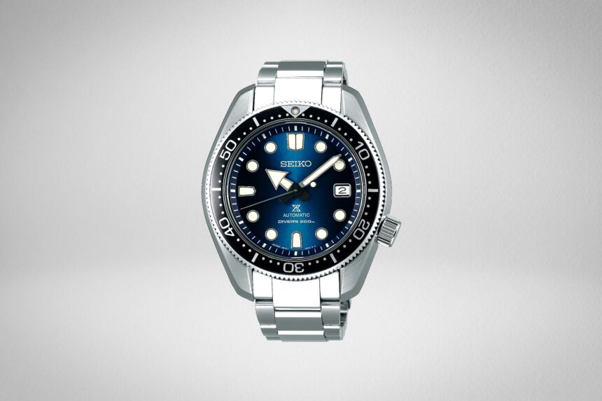 Seiko automatic diver with a blue gradient dial and stainless steel bracelet