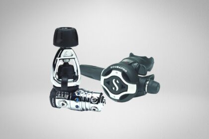 ScubaPro MK25 EVO first stage and second stage regulator on a plain grey background
