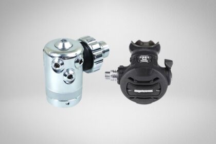 Apeks XTX40 regulator set with chrome first stage and black second stage on a grey studio background