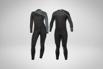 BARE Revel women's wetsuit with teal shoulder pattern next to the men's Elate full suit in black