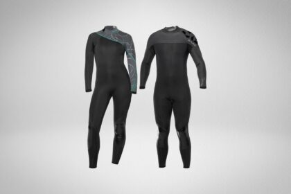 BARE Revel women's wetsuit with teal shoulder pattern next to the men's Elate full suit in black