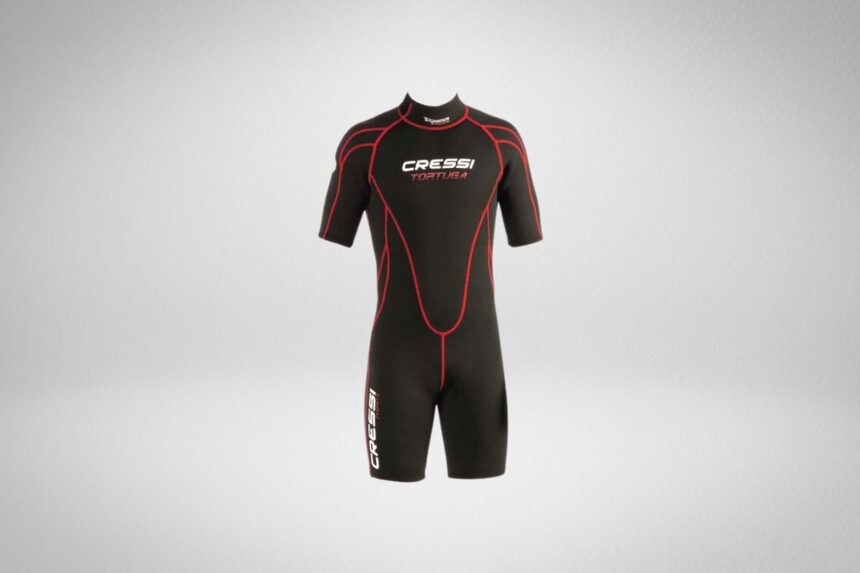 Cressi Tortuga 2.5mm men's shorty wetsuit in black with red seam piping, shown from the front
