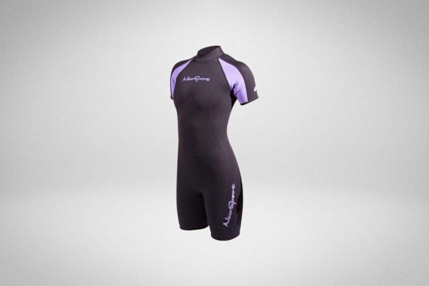 NeoSport 3mm women's shorty wetsuit in black with lavender shoulder panels, angled front view