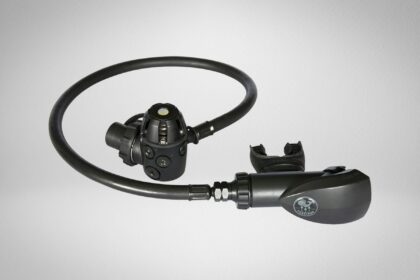 Poseidon Xstream Black regulator with all-black first stage, coiled hose and side-exhaust second stage