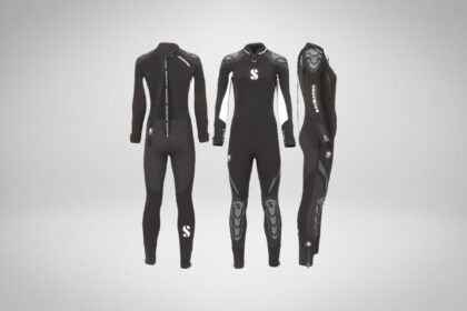 ScubaPro Everflex women's steamer wetsuit in black shown from the back, front and side